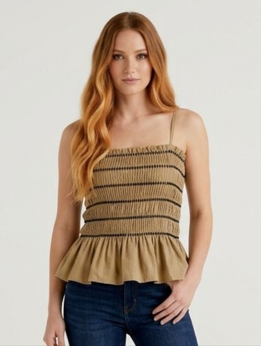 Zara Tan Smocked Peplum Top- Beaded